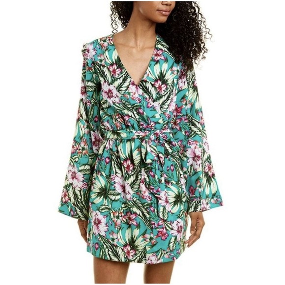 Walter Baker Jubilee Floral Tropical V-Neck Flare Sleeve Wrap Dress Size Large - Picture 1 of 11